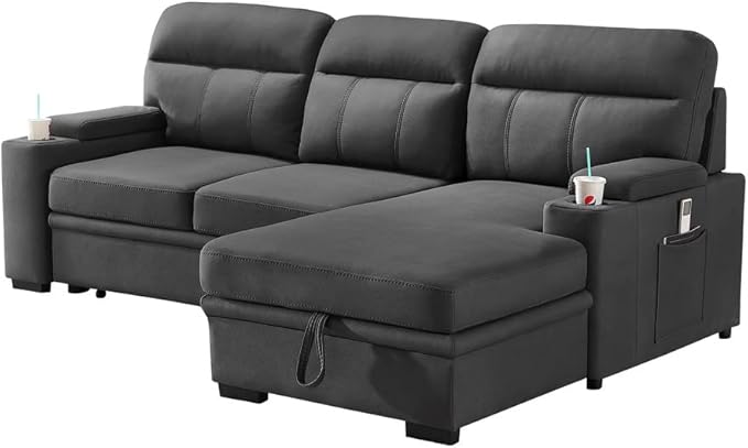 RITSU L-Shaped Reversible Sectional Sofa, Armrests with Storage Space and Cup Holders, Pull Out Couch Bed, Microfiber Upholstered Backrest, Suitable for Living Room/Apartment, Gray, 94inch - LeafyLoom