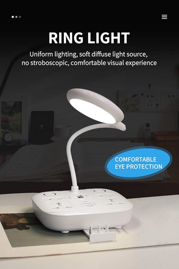 LED Desk Lamp, Adjustable Table Lamp Light with Remote Control, Eye-Caring Dimmable Office Lamp with 2 USB Charging Ports, 4 AC Power Outlets, Phone Stand, Multi Brightness Levels White - LeafyLoom