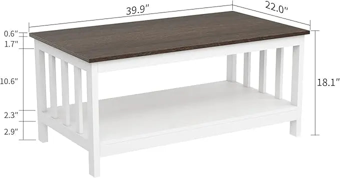 ChooChoo Farmhouse Coffee Table, White Living Room Table with Shelf, 40 Inch - LeafyLoom