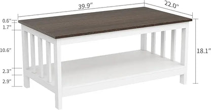 ChooChoo Farmhouse Coffee Table, White Living Room Table with Shelf, 40 Inch - LeafyLoom