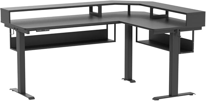 FEZIBO 63Inch L Shaped Standing Desk with Shelves, Large Storage Adjustable Desk with Triple Motors,Corner Desk Double Shelves with Light Strip, Black - LeafyLoom