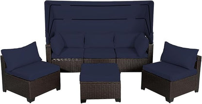 6 PCS Outdoor Patio Furniture Set,Sectional Sofa Set,Rattan Daybed with Retractable Canopy,Adjustable Backrest,Storage Coffee Table,Chaise Chair Sunbed for Garden Poolside Backyard(Navy Blue) - LeafyLoom