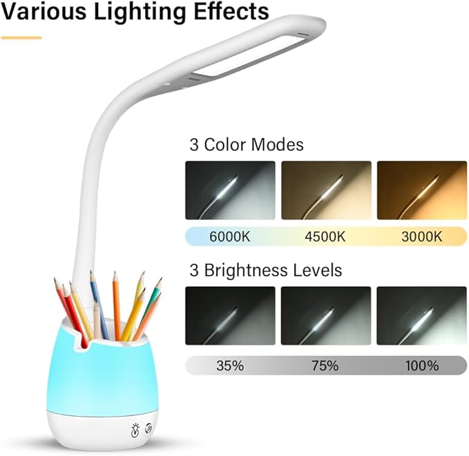 Donewin Rechargeable LED Desk Lamp with Color Changing Light, Pen and Phone Holder - Perfect Study and Reading Lamp for Kids, Teens, and Students - Great Gift for College Dorm Rooms - LeafyLoom