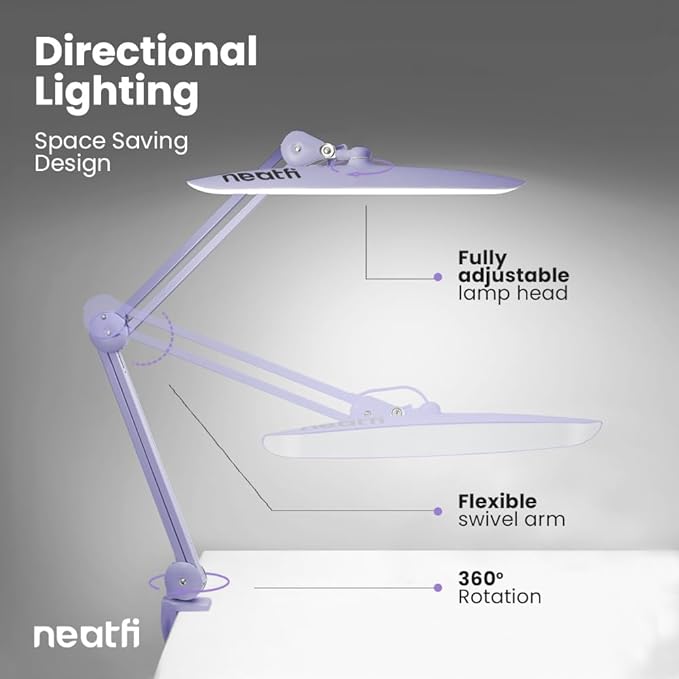 Neatfi XL 2,200 Lumens LED Task Lamp, 24W Super Bright Desk Lamp, 117 Pcs SMD LED, 4 Level Brightness, Dimmable, Task LED Light for Home, Office, Workbench (Non-CCT, Lavender) - LeafyLoom