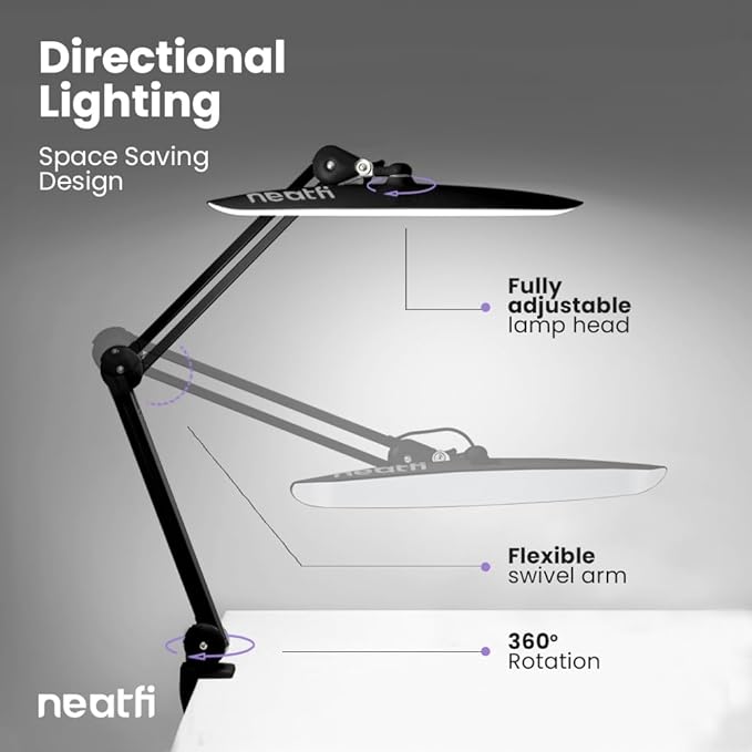 Neatfi XL 2,200 Lumens LED Task Lamp, 24W Super Bright Desk Lamp, 117 Pcs SMD LED, 4 Level Brightness, Dimmable, Task LED Light for Home, Office, Workbench (Non-CCT, Black) - LeafyLoom