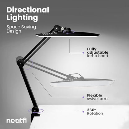 Neatfi XL 2,200 Lumens LED Task Lamp, 24W Super Bright Desk Lamp, 117 Pcs SMD LED, 4 Level Brightness, Dimmable, Task LED Light for Home, Office, Workbench (CCT, Black) - LeafyLoom