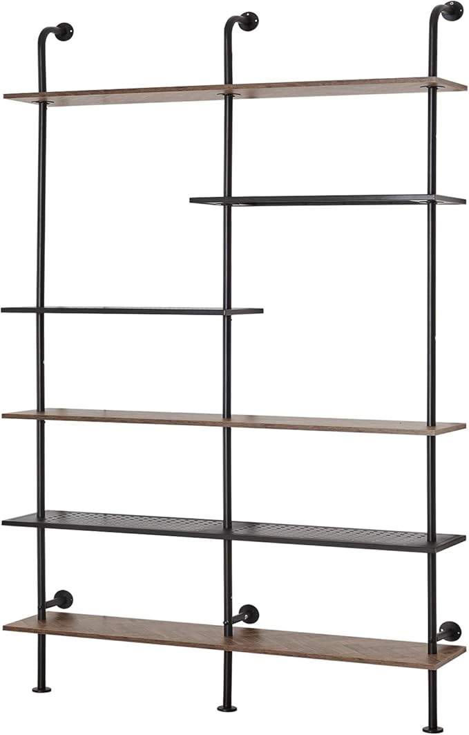 HOMISSUE Industrial Bookshelf 6-Tier Open Wall Mount Ladder Bookshelf, Modern Bookcase with Metal Frame and Wood Style for Home Office, Wall Mounted industrial Iron Pipe Shelf, Brown - LeafyLoom