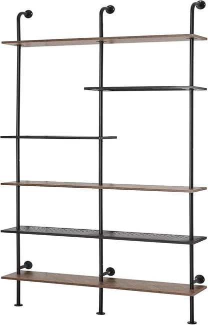 HOMISSUE Industrial Bookshelf 6-Tier Open Wall Mount Ladder Bookshelf, Modern Bookcase with Metal Frame and Wood Style for Home Office, Wall Mounted industrial Iron Pipe Shelf, Brown - LeafyLoom