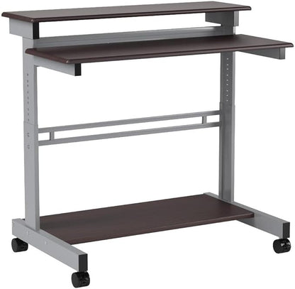 Stand Up Desk Store Rolling Adjustable Height Two Tier Standing Desk Computer Workstation (Silver Frame/Dark Walnut Top, 48" Wide) - LeafyLoom