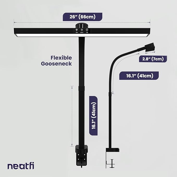 Neatfi LED Desk Lamp with 6-Level Brightness, Adjustable 2700~6500K Color Temperature, 14” Wide, Timer & Charging Port - Touch & Knob Control, 800 Lumens, Dimmable LED Table Light, 24W, CRI 85 (Black) - LeafyLoom