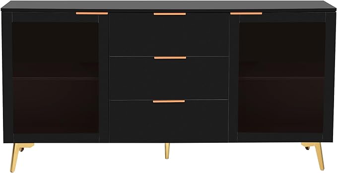 GIA Home Furniture Series Modern MDF Buffet Sideboard with 2 Doors,3 Drawers,Accent Storage Cabinets with Metal Handles for Kitchen,Dinning,Living Room, 63 Inch, Black Finish - LeafyLoom