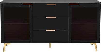 GIA Home Furniture Series Modern MDF Buffet Sideboard with 2 Doors,3 Drawers,Accent Storage Cabinets with Metal Handles for Kitchen,Dinning,Living Room, 63 Inch, Black Finish - LeafyLoom