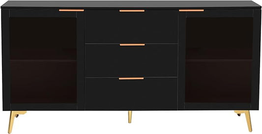 GIA Home Furniture Series Modern MDF Buffet Sideboard with 2 Doors,3 Drawers,Accent Storage Cabinets with Metal Handles for Kitchen,Dinning,Living Room, 63 Inch, Black Finish - LeafyLoom