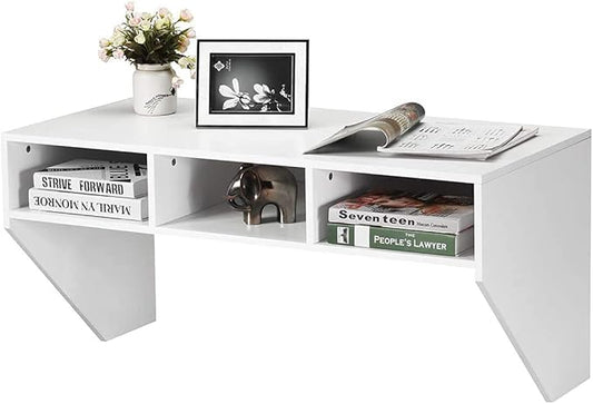 Computer Floating, Home Office Working, 42.5” Laptop Table Writing w/Storage Shelves, Modern Console Media Cabinet Wall Mounted Desk Hutch, White - LeafyLoom