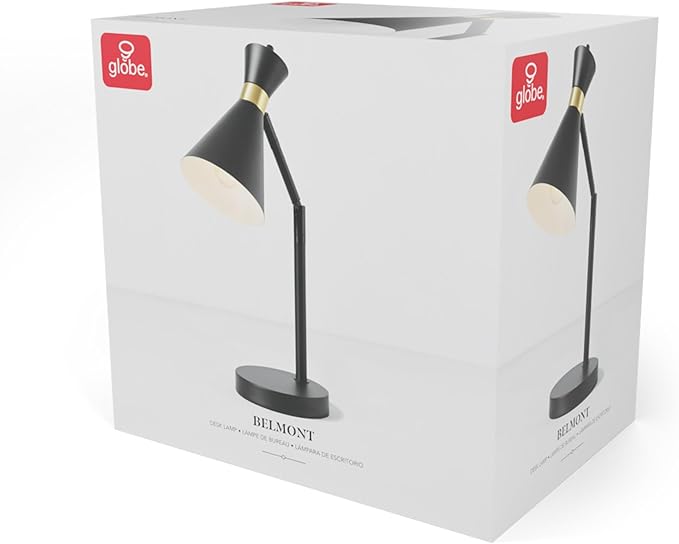 Globe Electric 61000056 16" Desk Lamp, Matte Black Finish, Matte Brass Accents, Pivot Joint, On/Off Rotary Switch on Socket, E26 Base Bulb, Lamp for Living Room, Home Office, Home Improvement - LeafyLoom