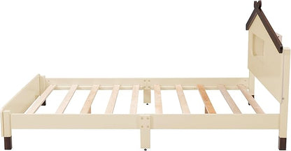 Bellemave Full Size Platform Bed with House-Shaped Headboard and Motion Activated Night Lights,Wood Full Kids Bed Frame for Teens, Girls,Boys(Full,Cream) - LeafyLoom