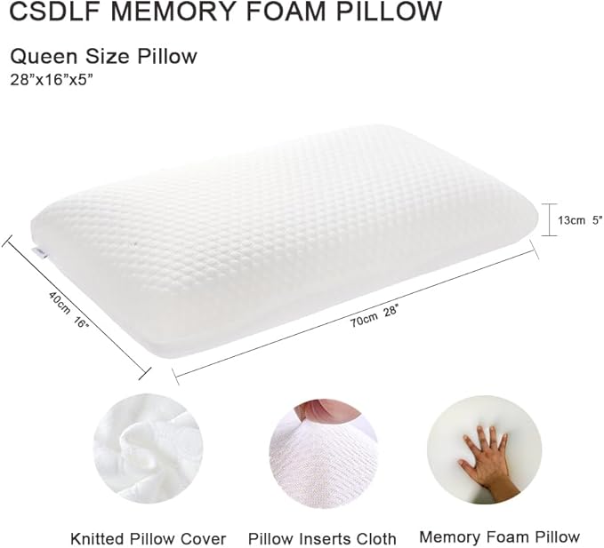 Memory Foam Bed Pillows, Pillow for Side and Back Sleeper, Pillow for Neck Pain Relief, Washable Removable Cover, Soft, White (Bag-Queen) - LeafyLoom