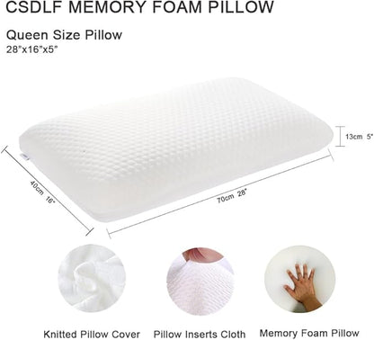 Memory Foam Bed Pillows, Pillow for Side and Back Sleeper, Pillow for Neck Pain Relief, Washable Removable Cover, Soft, White (Bag-Queen) - LeafyLoom