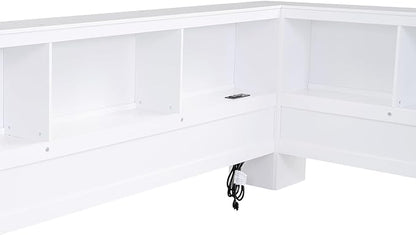 Wood Twin Size Corner Floor Bed with Storage Cabinets and USB Ports, Twin Daybed Frame with L-Shaped Bookcase Headboard for Living, Bedroom, Guest Room, White - LeafyLoom