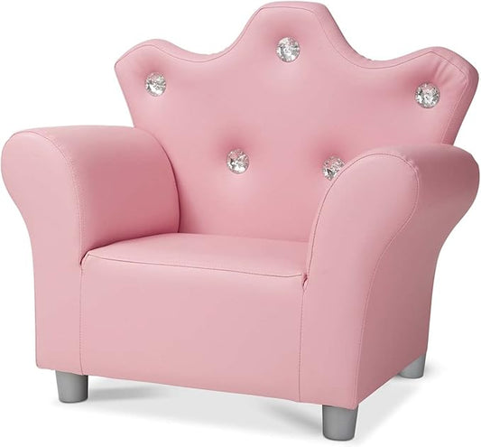 Melissa & Doug Pink Faux Leather Child’s Crown-Back Armchair (Kid’s Furniture) - Princess Chair For Toddlers, Children's Furniture, Pink Chair For Kids - LeafyLoom