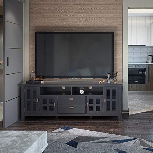 SIMPLIHOME Artisan SOLID WOOD 72 Inch Wide Transitional TV Media Stand in Black for TVs up to 80 Inches, For the Living Room and Entertainment Center - LeafyLoom