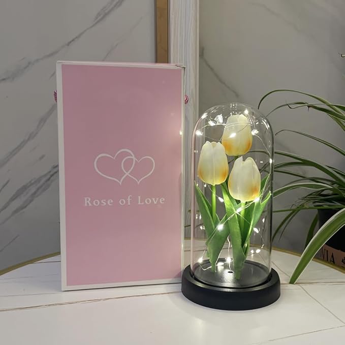 LED Tulip Lamp Artificial Flower Night Light Handmade Light up Tulips in Glass Dome Table Lamp Ornaments Desktop Decor - Battery Operated (Champagne) - LeafyLoom