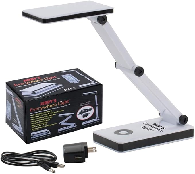 Jerry's Artarama Portable LED Desk Lamp - Flexible Gooseneck, Adjustable Level 24 LEDs, Stepless Dimming Desk Lamp, Perfect for Crafting - includes AC/USB Power Supply (Optional AA Battery) - White - LeafyLoom