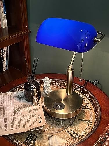 FIRVRE Bankers Lamp with2 USB and Wireless Charging Port，Pull Chain Switch Blue Glass Desk Lamp， E26 Base,Traditional Library Desk Lamps for Home Office,Bedroom,Piano - LeafyLoom