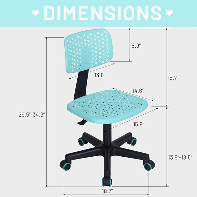 Desk Chair Armless Cute Office Chair, Low Back Rolling Home Office Task Chair Adjustable Swivel Study Chair for Girls Teens Adults Children Kids, Turquoise - LeafyLoom