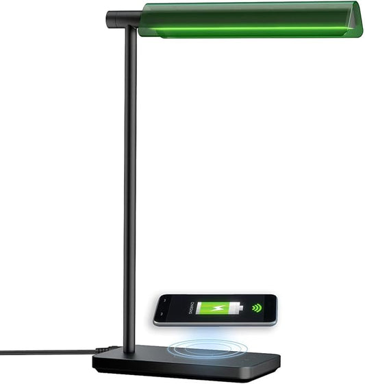 Modern LED Banker Lamp, Vintage Green Lampshade LED Desk Lamp,Office Home Decor Desk Light, with Touch Switch and Wireless Charging Function, for Study, Library, Bedroom - LeafyLoom