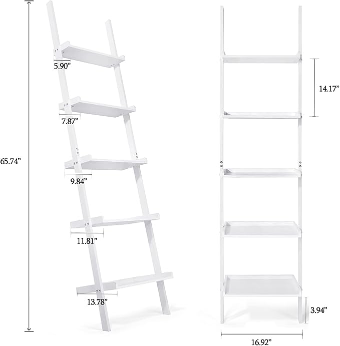 HYNAWIN Ladder Shelf 5-Tier Bookshelf –Bamboo Storage Rack Shelves Wall Leaning Shelf,White Freestanding Plant Flower Stand, Corner Display Bookcase - LeafyLoom