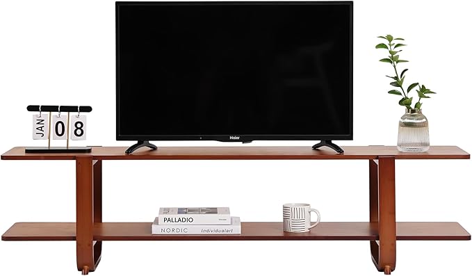 Tiita TV Stand with Storage for TVs up to 65'', Bamboo TV Console Entertainment Center with 2 Open Shelf, Mid Century Modern Media Console for Living Room, Bedroom, Walnut - LeafyLoom