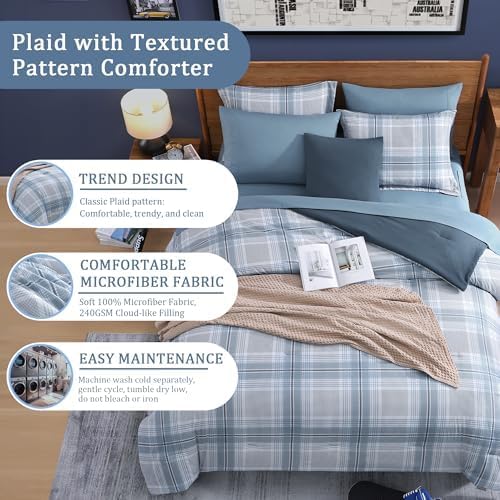 Blue Comforters Queen Size, Plaid Queen Bedding Sets for Boys & Girls,Classic Homestead-Style Bed in A Bag Queen with Sheets and Comforter Set (Light Blue,Queen,90"*90") - LeafyLoom