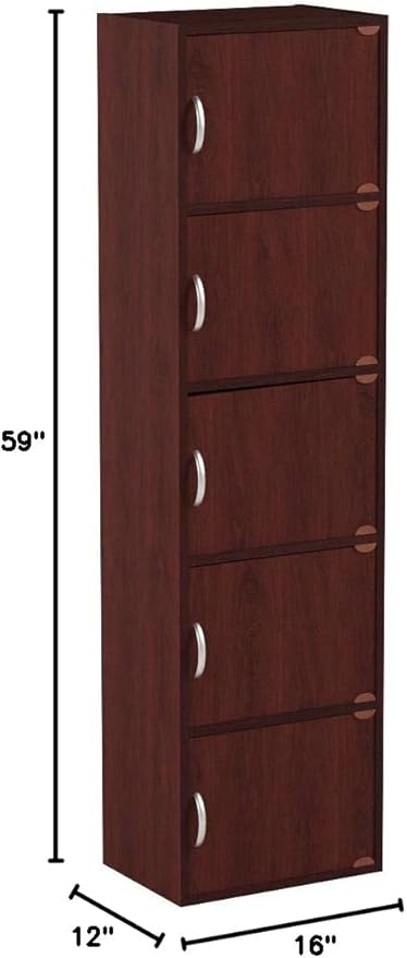 HODEDAH 5 Door Bookcase Cabinet, Mahogany - LeafyLoom