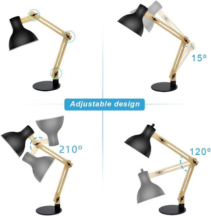 DLLT Swing Arm Desk Lamp, Wood Adjustable Gooseneck Table Lamp, Modern Architect Desk Light, Reading Light for Work, Study, Bedroom, Home Office, College Dorm, Black Metal Shade, E26 Bulb Included - LeafyLoom