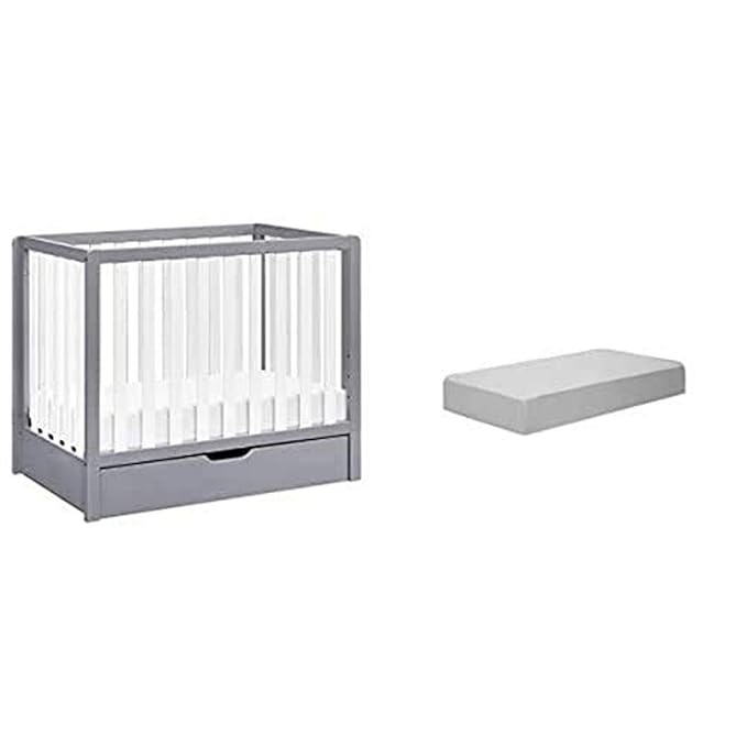 Carter's by Davinci Colby 4-in-1 Convertible Mini Crib with Trundle in Grey and White with Complete Slumber Mini Crib Mattress - LeafyLoom