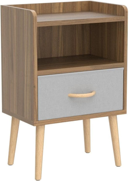 LUCKNOCK NightStand with Fabric Drawer, Bedside Table with Solid Wood Legs, Minimalist and Practical End Side Table with Open Storage Shelf for Bedroom,Walnut. - LeafyLoom