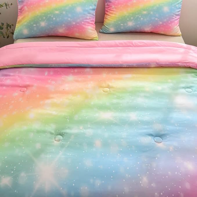 NINENINE Rainbow Bedding Sets,Pink Comforter Sets for girls,Girls Bedding Sets Full,Full Size Comforter Set for girls,Galaxy Comforter Toddler Bedding Set with 1 Comforter 2 Pillowcases - LeafyLoom