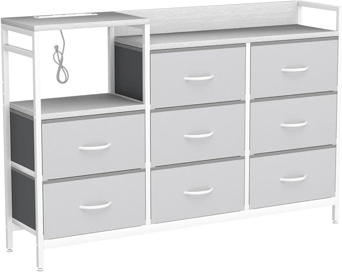 ODK Dresser with Charging Station, 52-Inch Long Dresser TV Stand for Bedroom, Large Dresser with 8 Storage Drawers, Chest of Drawers Easy-Pull Fabric Dressers for Living Room, White and Light Grey - LeafyLoom