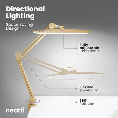 Neatfi XL 2,200 Lumens LED Task Lamp, 24W Super Bright Desk Lamp, 117 Pcs SMD LED, 4 Level Brightness, Dimmable, Task LED Light for Home, Office, Workbench (Non-CCT, Gold) - LeafyLoom