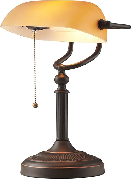 Newrays Matted Orange Glass Bankers Desk Lamp with Pull Chain Switch Plug in Fixture - LeafyLoom