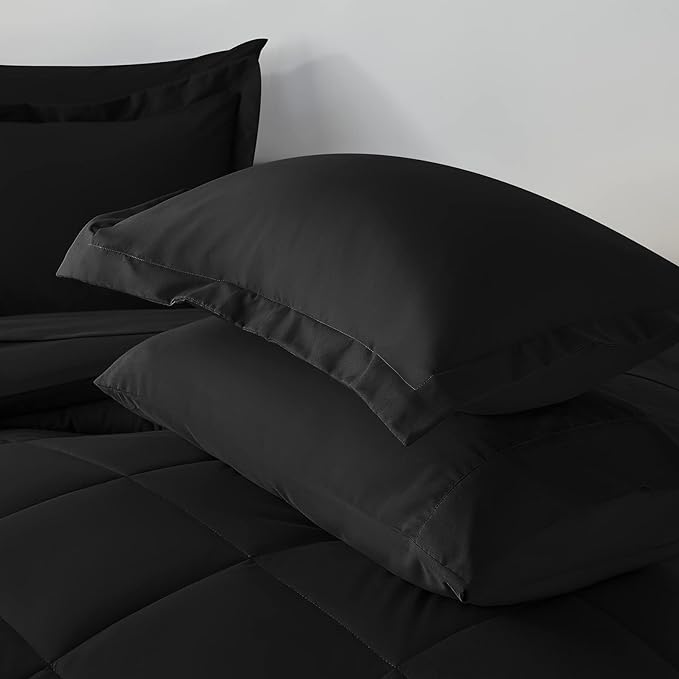 CozyLux Queen Comforter Set with Sheets 7 Pieces Bed in a Bag Black All Season Bedding Sets with Comforter, Pillow Shams, Flat Sheet, Fitted Sheet and Pillowcases - LeafyLoom