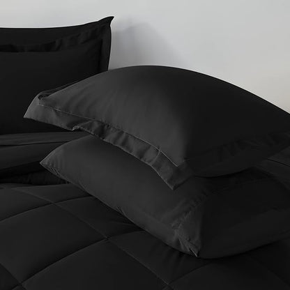 CozyLux California King Comforter Set with Sheets 7 Pieces Bed in a Bag Black Cal King All Season Bedding Sets with Comforter, Pillow Shams, Flat Sheet, Fitted Sheet and Pillowcases - LeafyLoom