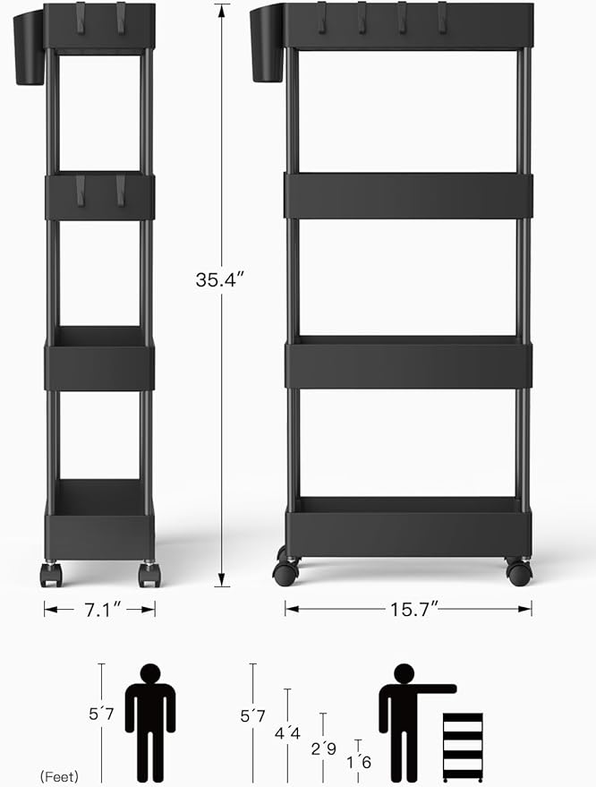 Pipishell Slim Storage Cart with Wheels, Bathroom Cart Organizer Bathroom Storage Small, Rolling Cart for Bathroom, Laundry Room, Kitchen, Narrow Space, Black PIUC05 - LeafyLoom