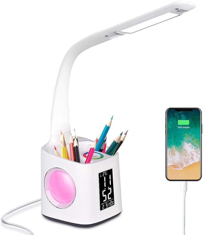 Donewin LED Desk Lamp with USB Charging Port&Pen Holder, Study Light with Clock, Kawaii Desk Accessories, Study Lamp for Kids/Girls/Boys,Desk Light for Office/Reading, Colorful Night Light,10W - LeafyLoom