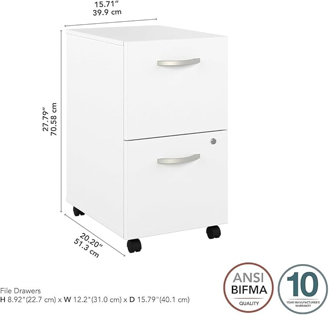 Bush Business Furniture Hybrid 2-Drawer Mobile File Cabinet, Letter/Legal, White, 20-inch (HYF116WHSU-Z) - LeafyLoom