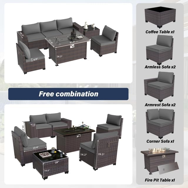 Patio Furniture Sectional Sofa Set 7 Pieces PE Rattan Patio Conversation Set w/43in Gas Fire Pit Table, Outdoor Furniture with 55000 BTU Propane Fire Pit, Grey - LeafyLoom