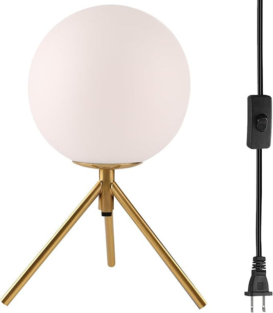 Mid century modern desk lamp with a golden base and white glass ball lampshade, suitable for 3 tone lighting in bedside bedrooms, living rooms, offices, libraries, and study rooms - LeafyLoom