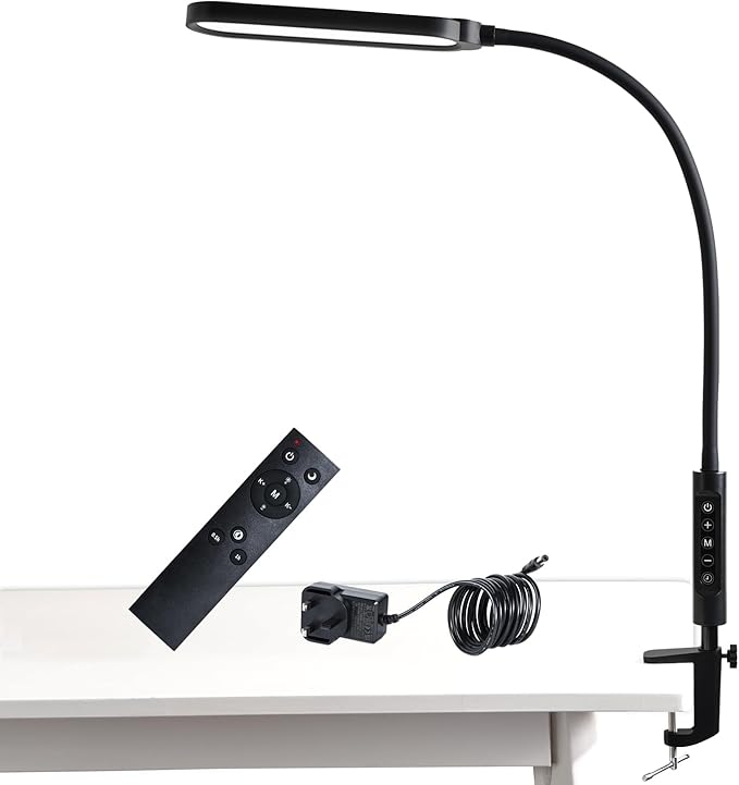 Clamp on Lamp, LED Clamp Desk Lamp, 3000 LMS, 18W, CRI>95, 3 Color Modes, 16 Brightness Levels, Eye-Caring Task Lamp with Remote for Reading, Office, 0.5H/1H Timer (Adapter Included) - LeafyLoom