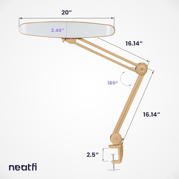 Neatfi XL 2,200 Lumens LED Task Lamp, 24W Super Bright Desk Lamp, 117 Pcs SMD LED, 4 Level Brightness, Dimmable, Task LED Light for Home, Office, Workbench (Non-CCT, Gold) - LeafyLoom